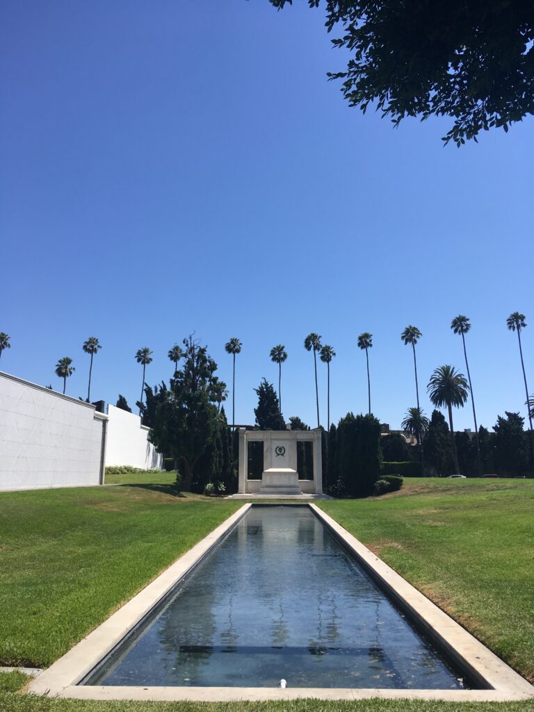 A photo of the reflection pool at the Hollywood Forever Cemetery in Los Angeles
